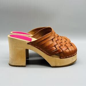 Swedish Hasbeens Shoes Womens 7 Brown Leather Woven Monika Wooden Heel Clogs